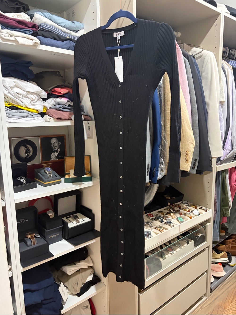 525 America Black Ribbed Button-Front Long Sleeve Midi Dress